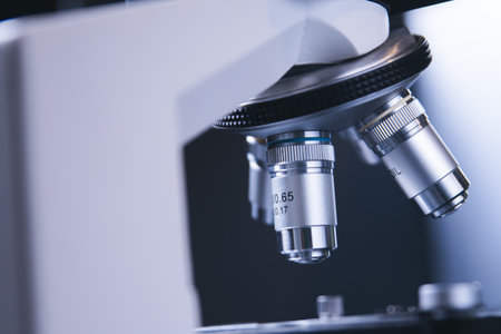 Close-up view of scientific microscopic data analysis in laboratory. Scientists research and develop...