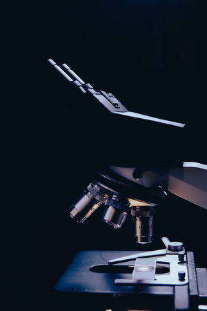 Close-up view of scientific microscopic data analysis in laboratory. Scientists research and develop...
