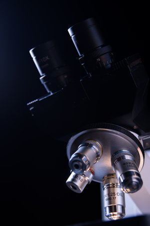 Close-up view of scientific microscopic data analysis in laboratory. Scientists research and develop...