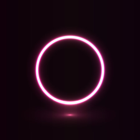 Pink neon circular glowing frame with reflection. Circle with neon light effect on abstract background.のイラスト素材