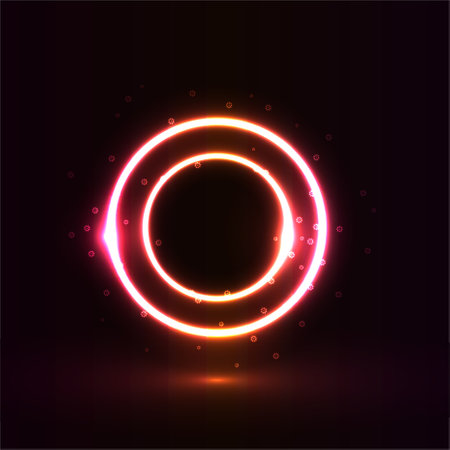 Two glowing neon round frames with glittering flower-like particles. Double colorful neon circles with light glares and tiny glitter particles.のイラスト素材