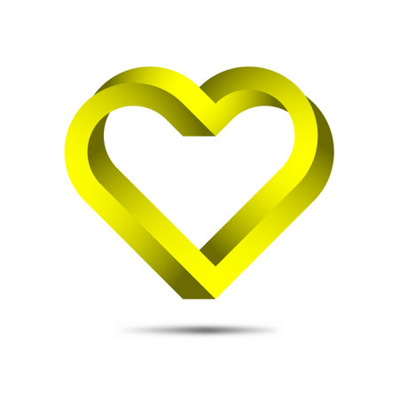 3d yellow gradient impossible heart logo isolated on white background. Outlined hearts love doodle for Valentine's day. Vector illustration.のイラスト素材