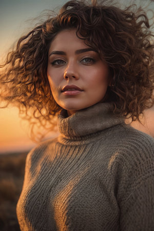 Portrait of a beautiful young woman with curly hair in a knitted sweater. AI Generated.の素材