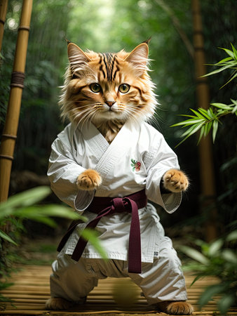 Cute ginger kung fu fighter cat in the garden, close-up portrait. AI Generated.の素材