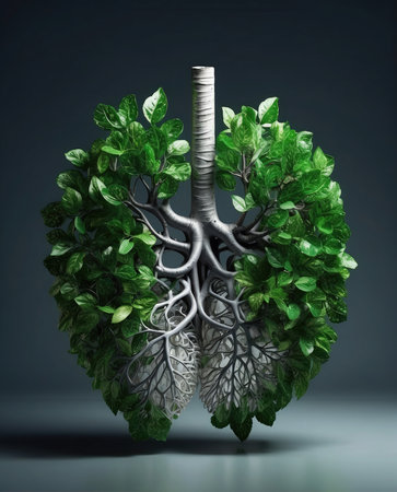 Human lungs with green leaves and roots. 3d render illustration. AI Generated.の素材