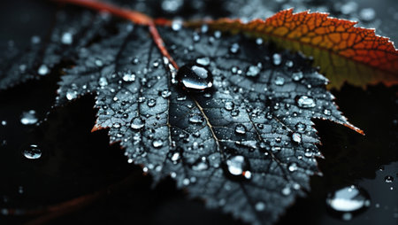 water drops on autumn leaf macro close-up - shallow depth of field. AI Generated.の素材