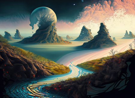 Fantasy alien planet. Mountain and river. 3D illustration.の素材