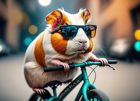 Portrait of a cute white and orange guinea rat mouse rodent in sunglasses on a bicycleの素材
