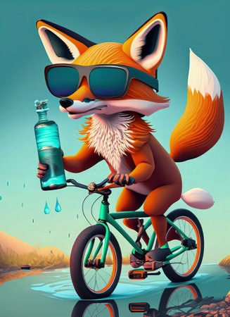 Funny fox riding a bicycle with a bottle of water in his hand. Cartoon illustration.の素材