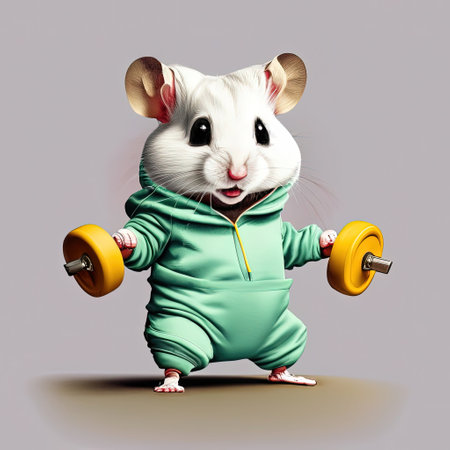 Funny white mouse in a green sports suit with dumbbells, cartoon illustration.の素材
