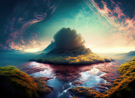 Fantasy alien planet. Mountain and sea. 3D illustration. AI Generated.の素材
