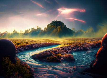 Fantasy landscape with mountain river. 3d illustration. AI Generated.の素材