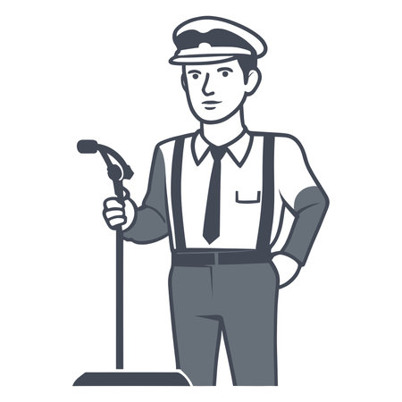 Tribune speaker man wearing cap with microphone icon. Public speaking symbol. Conference glyph pictogram vector illustration.のイラスト素材