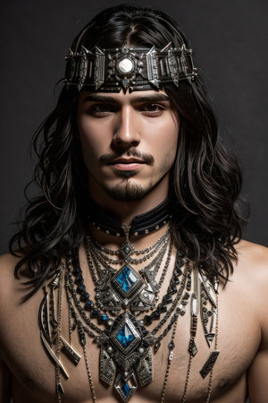 Portrait of a handsome young man in ethnic style. Fashion shot. AI Generated.の素材