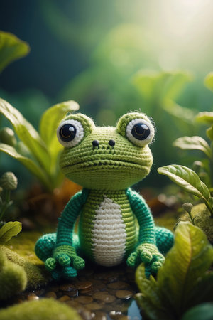 Knitted clothes frog toy sitting on rock with green plants in the background. AI Generated.の素材