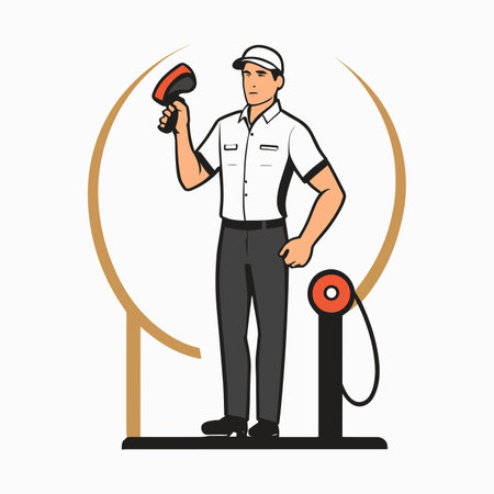 Vector illustration of electrician in uniform and helmet. Electrician at work.のイラスト素材