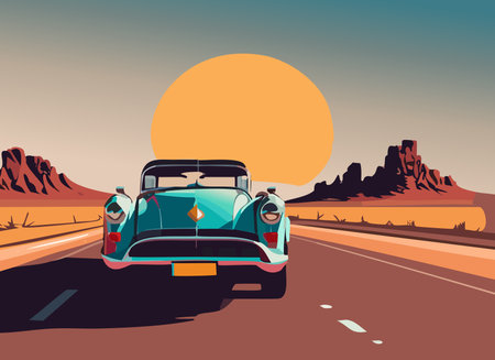Retro car on the road in the desert. Vector illustration.のイラスト素材