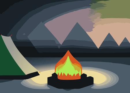 Magical camping in the mountains. Vector illustration of tent camps in nature.のイラスト素材