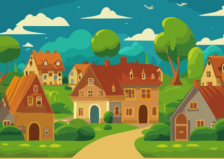 Cartoon village landscape with houses and trees. Vector illustration in flat styleのイラスト素材