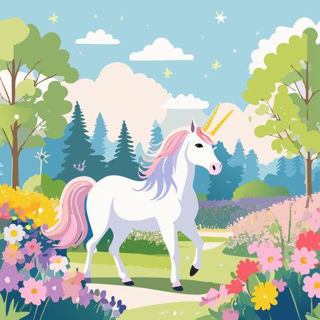 Unicorn in the meadow with flowers. Vector illustration.のイラスト素材
