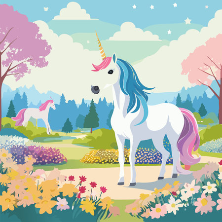 Cute unicorn in the park with flowers. Vector illustration in flat style.のイラスト素材