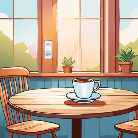 Illustration of a wooden table with a cup of coffee in a cafeのイラスト素材