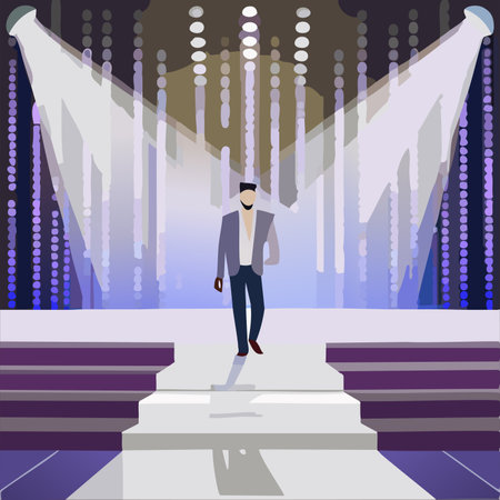 Man in a suit standing on the ramp walk fashion stage with spotlights. Vector illustration.のイラスト素材