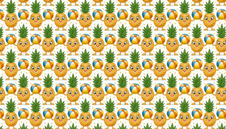 Seamless pattern with cute cartoon pineapple mascot holding beach balls in its hands. Vector illustration.のイラスト素材