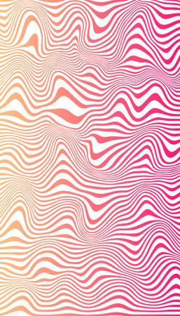 Pink and white gradient distorted wavy lines vector background. Optical illusion cyberpunk linear waves wallpaper.のイラスト素材