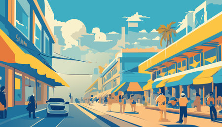 Cars and people on the street in New York City. Vector illustrationのイラスト素材