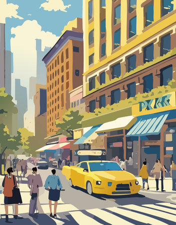People walking on the street in New York City. Vector illustration.のイラスト素材