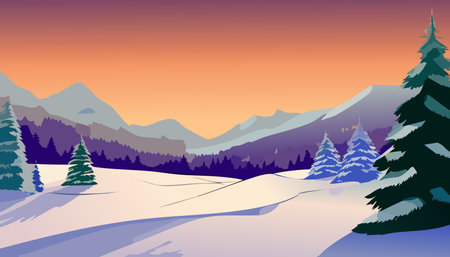 Winter landscape with snowy fir trees and mountains at sunset. Vector illustration.のイラスト素材