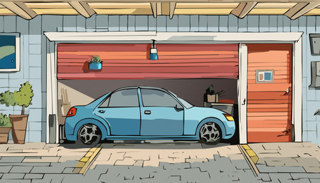 Illustration of a blue car in a garage with a garage doorのイラスト素材