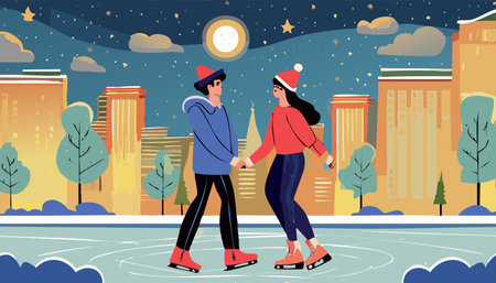 Couple skating on ice rink in the city. Vector illustration.のイラスト素材