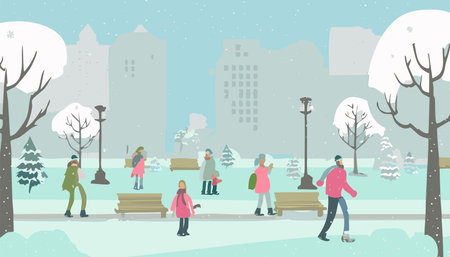 People walking in the city park in winter. Flat vector illustration.のイラスト素材