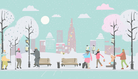 People walking in the winter snow city park. Vector illustration in flat style.のイラスト素材