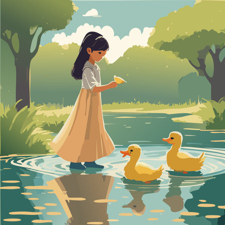 Girl and ducks in a pond. Vector illustration of a girl with ducklings.のイラスト素材