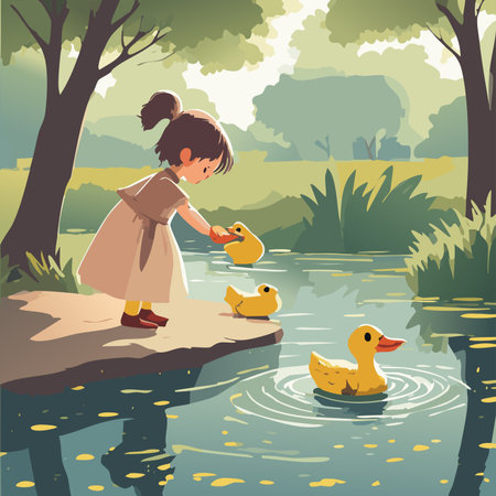 Little girl playing with ducklings in the pond. Vector illustration.のイラスト素材