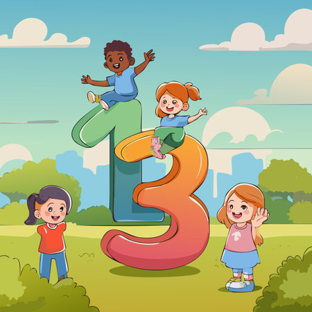Happy kids playing with numbers in the park. Vector cartoon illustration.のイラスト素材