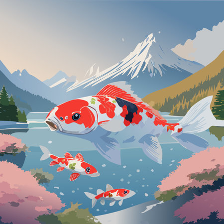 Koi fish in the lake. Vector illustration in flat style.のイラスト素材
