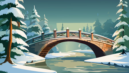 Vector illustration of a bridge over a frozen river in the forest.のイラスト素材
