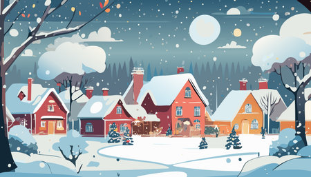 Winter village landscape with snowfall, houses and trees. Vector illustration.のイラスト素材