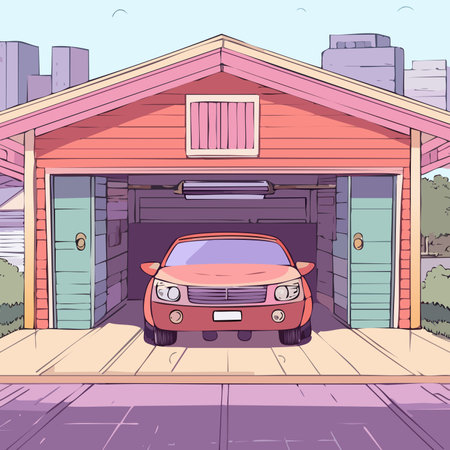 Vector cartoon illustration of garage with red car in front of it.のイラスト素材