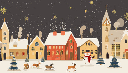 Card with cute houses and snowman. Vector Illustration.のイラスト素材