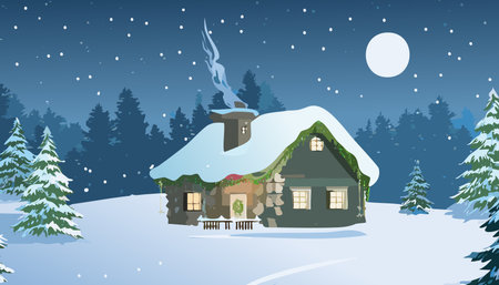 Winter landscape with house, fir trees and snowman. Vector illustration.のイラスト素材
