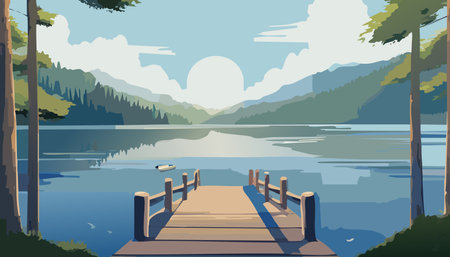Wooden pier on a lake in the forest. Vector illustration.のイラスト素材