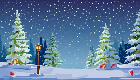 Winter landscape with snowfall, trees and lanterns, vector illustrationのイラスト素材