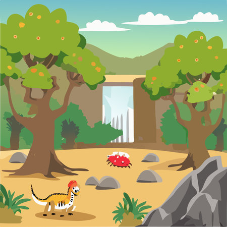 Landscape with wild animals and waterfall. Vector illustration in flat styleのイラスト素材