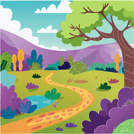 Landscape with road and trees. Vector illustration in cartoon style.のイラスト素材