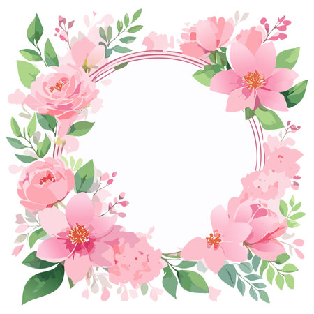 Round frame with pink flowers and green leaves. Hand drawn vector illustration.のイラスト素材